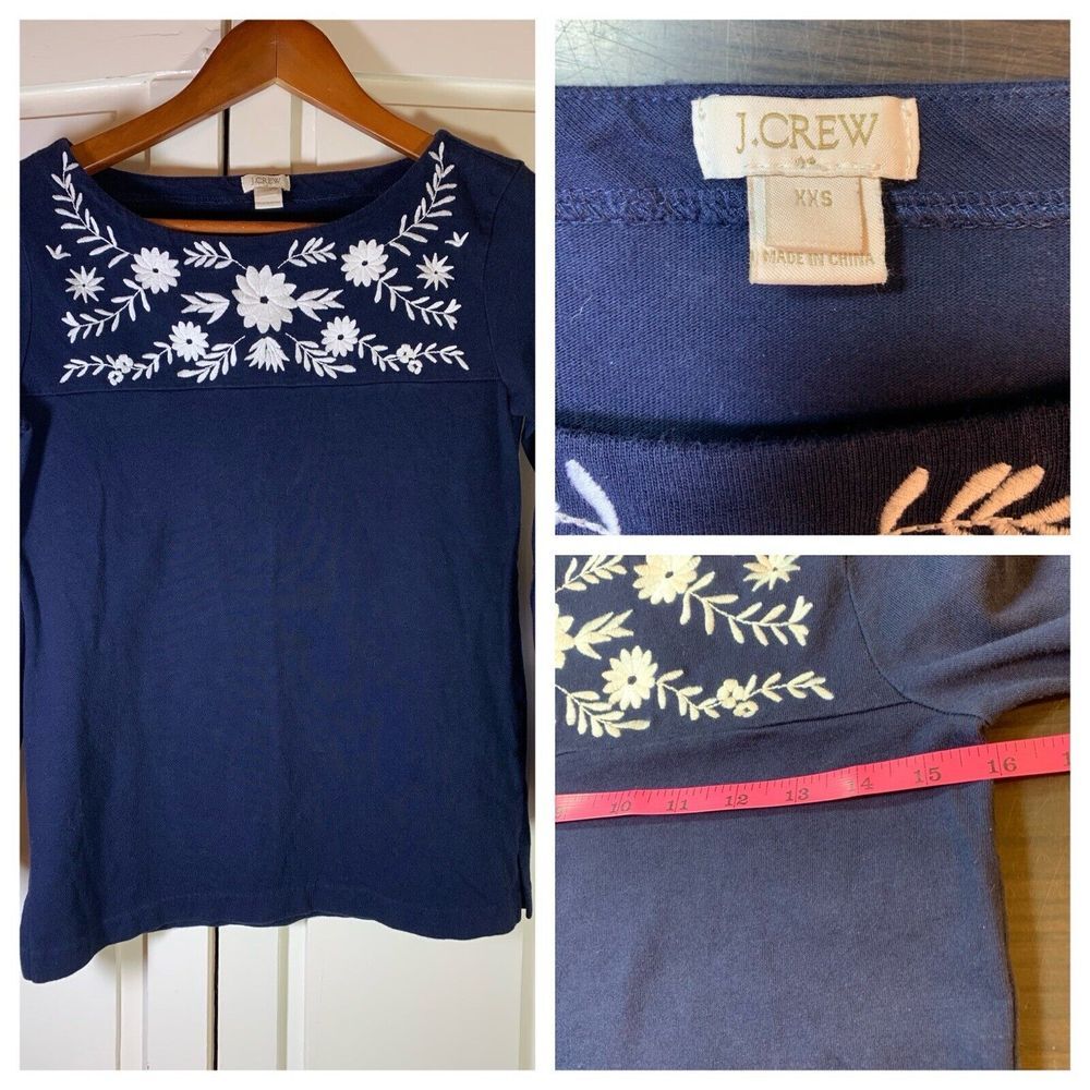 J Crew Shirt Womens XXS Blue White Floral Embroidered Prairie Boho Bell Blouse